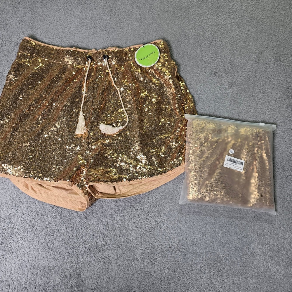 Breeze Ever Womens 3XL 2 Pack Sequin Shorts Gold Tassel Drawstring High Party